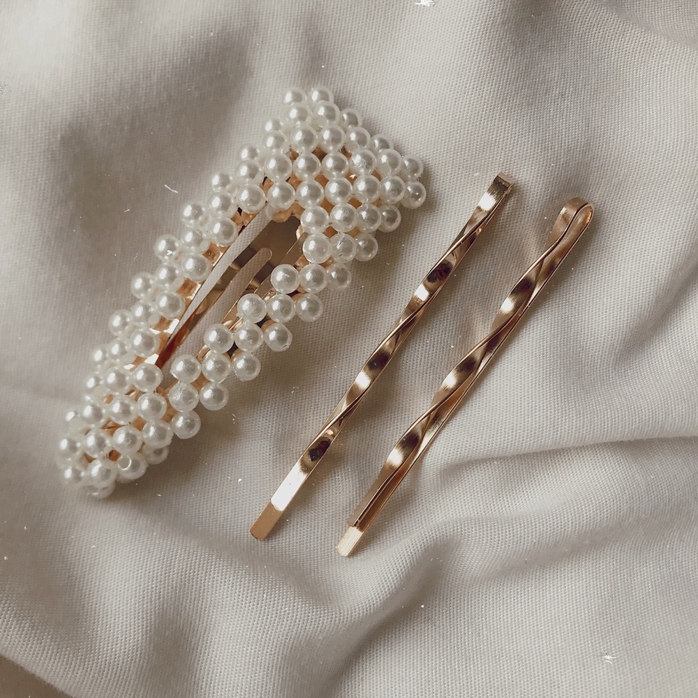 Pearl gold hair clip set of 3 barrette bobby-pins